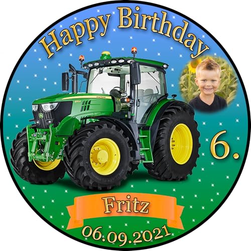 Tortenaufleger Fototorte Tortenbild Kindergeburtstag Fahrzeuge Traktor Trecker FZ02 (Zuckerpapier) Rund 14 cm Ø mit Foto Grün von sales-world24