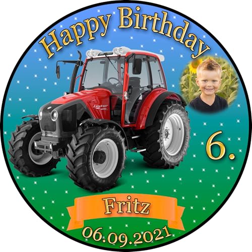 Tortenaufleger Fototorte Tortenbild Kindergeburtstag Fahrzeuge Traktor Trecker FZ02 (Zuckerpapier) Rund 14 cm Ø mit Foto Rot von sales-world24