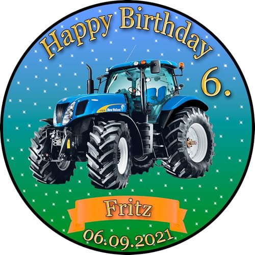 Tortenaufleger Fototorte Tortenbild Kindergeburtstag Fahrzeuge Traktor Trecker FZ02 (Zuckerpapier) Rund 20 cm Ø ohne Foto Blau von sales-world24