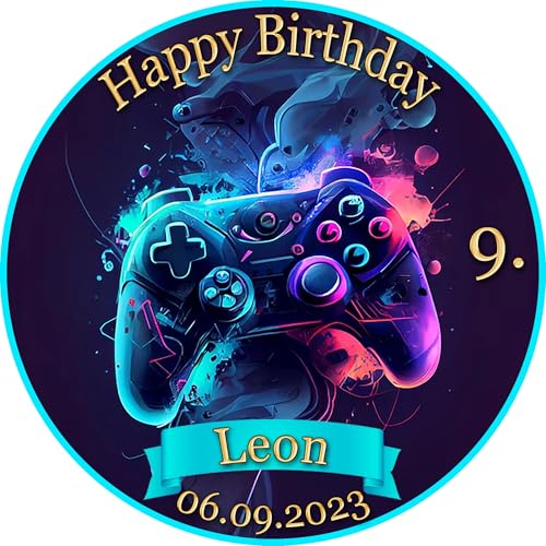 Tortenaufleger Fototorte Tortenbild Kindergeburtstag Game On Gamer GO02 (Zuckerpapier) Rund 14 cm Ø ohne Foto von sales-world24