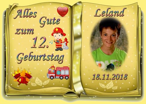 Tortenaufleger Fototorte Tortenbild zum Geburtstag Motiv: Feuerwehr (Zuckerpapier) DIN A4 Buchform Gelb von Dttra