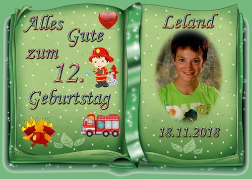 Tortenaufleger Fototorte Tortenbild zum Geburtstag Motiv: Feuerwehr (Zuckerpapier) DIN A4 Buchform Grün von Dttra
