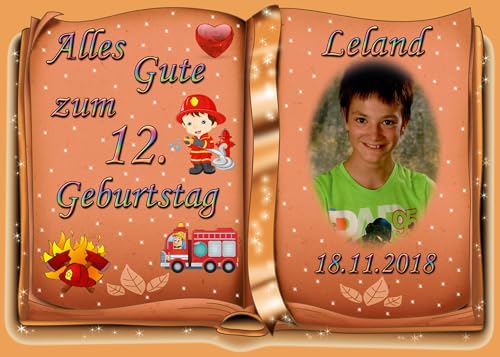 Tortenaufleger Fototorte Tortenbild zum Geburtstag Motiv: Feuerwehr (Zuckerpapier) DIN A4 Buchform Orange von Dttra