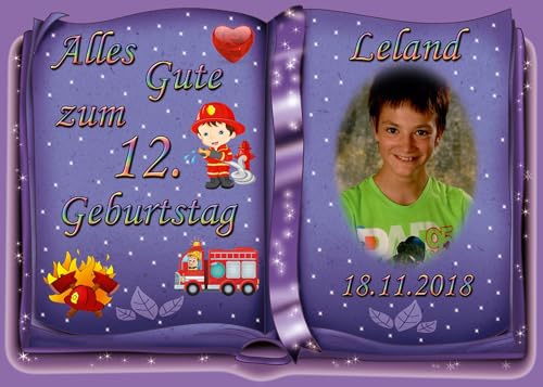 Tortenaufleger Fototorte Tortenbild zum Geburtstag Motiv: Feuerwehr (Zuckerpapier) DIN A5 Buchform Violett von Dttra