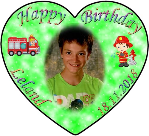 Tortenaufleger Fototorte Tortenbild zum Geburtstag Motiv: Feuerwehr (Zuckerpapier) Herzform 22 x 20 cm Grün von Dttra