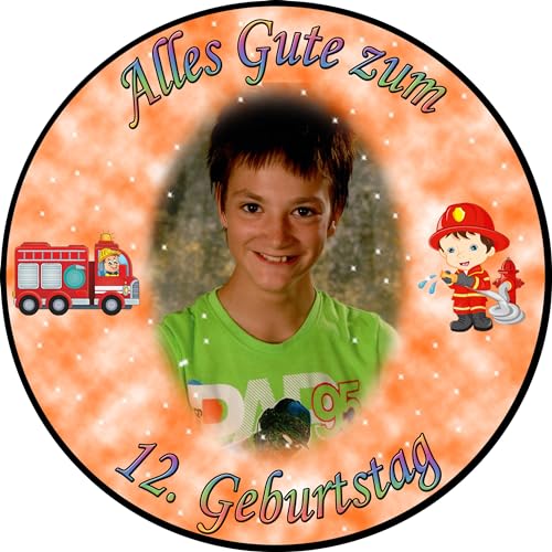 Tortenaufleger Fototorte Tortenbild zum Geburtstag Motiv: Feuerwehr (Zuckerpapier) Rund 14 cm Ø Orange von Dttra