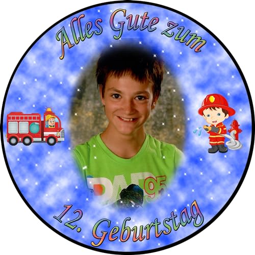 sales-world24 Tortenaufleger Fototorte Tortenbild zum Geburtstag Motiv: Feuerwehr (Zuckerpapier) Rund 20 cm Ø Blau von COXZD