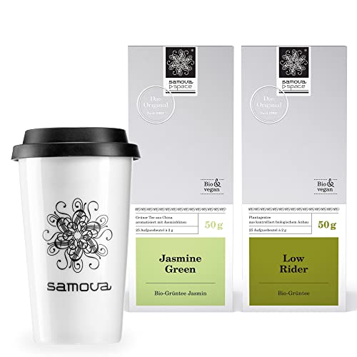 samova Grüner Tee 2er Teeset & ToGo Becher – Bio-Grüntee mit Jasminblüten & reiner Bio-Grüntee (2 x 50g + Zubehör) von Samova