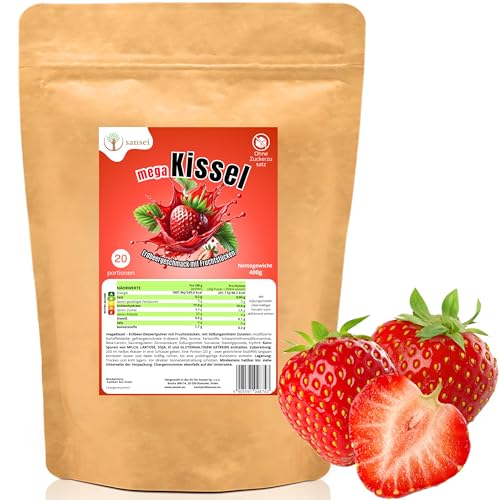 Sansei Fruchtpudding ohne Zucker, Gesundes kalorienarmes Frucht-Dessert, Obstpudding Pulver aus Polen – schnell zubereitet (400g, 20 Portionen) (Erdbeere) von sansei