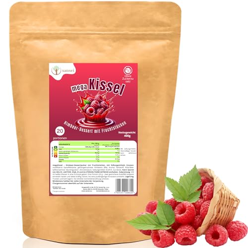 Sansei Fruchtpudding ohne Zucker, Gesundes kalorienarmes Frucht-Dessert, Obstpudding Pulver aus Polen – schnell zubereitet (400g, 20 Portionen) (Himbeere) von sansei