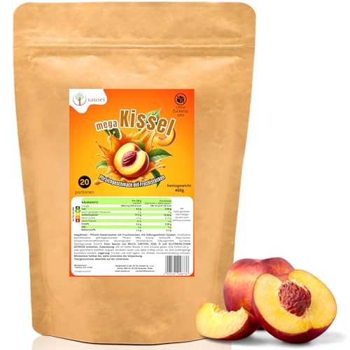 Sansei Fruchtpudding ohne Zucker, Gesundes kalorienarmes Frucht-Dessert, Obstpudding Pulver aus Polen – schnell zubereitet (400g, 20 Portionen) (Pfirsich) von sansei