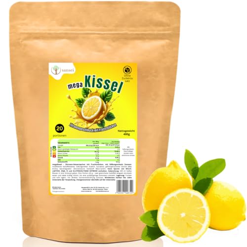 Sansei Fruchtpudding ohne Zucker, Gesundes kalorienarmes Frucht-Dessert, Obstpudding Pulver aus Polen – schnell zubereitet (400g, 20 Portionen) (Zitrone) von sansei