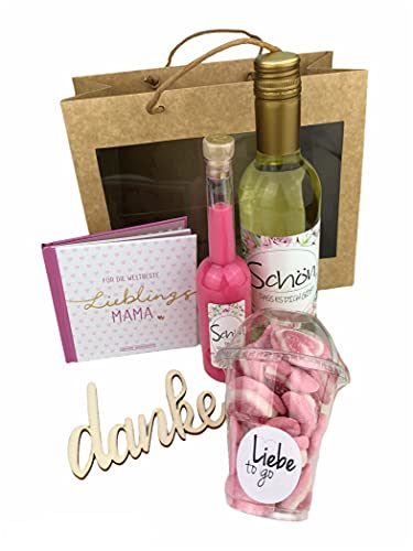 Geschenk für Mama - Wein - besonderes Geschenk - Likör - Buch - Muttertag - Marshmallows - Schriftzug danke aus Holz - Präsentkorb - inkl. Geschenktasche Geschenk für Mama - Wein - besonderes Geschenk - Likör - Buch - Muttertag - Marshmallows - Schriftzug danke aus Holz - Präsentkorb - inkl. Geschenktasche von schenken-24