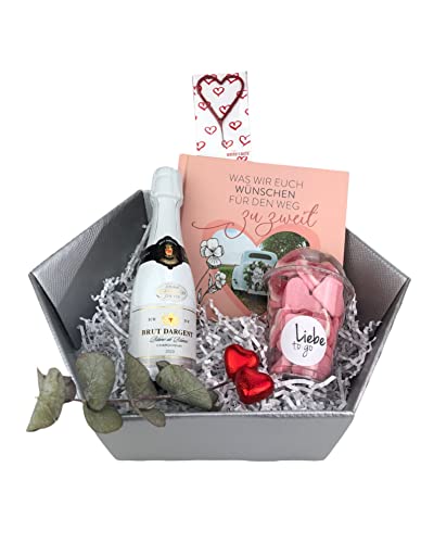 Geschenk zur Hochzeit - Wunderkerze in Herzform - Sekt kleines Buch - Marshmallows - Eukalyptuszweig - inkl. Geschenkverpackung von schenken-24