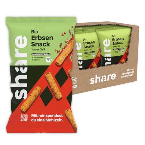 share Bio Erbsen Snacks Sweet Chili – glutenfrei, ballaststoffreich, ohne Zusatzstoffe – 6x75g vegane Chips aus Erbsenmehl – Knusprige Erbsen Chips Großpackung in Bio-Qualität – Spendet eine Mahlzeit von share