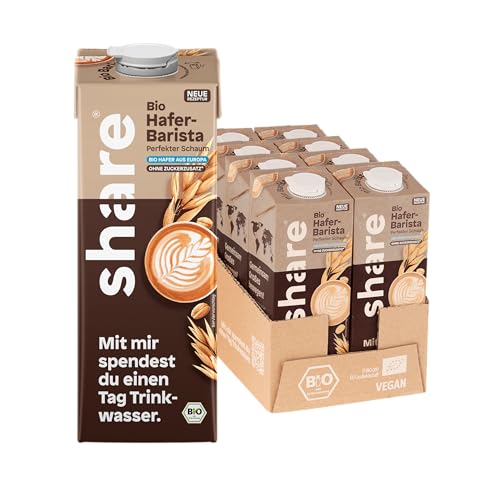 share Bio Haferdrink Barista – Perfekt zum Aufschäumen – Vegan & laktosefrei – Pflanzendrink ohne Zuckerzusatz (8x1L) – Milchersatz auf Pflanzenbasis mit Bio-Hafer – Spendet 1 Tag Trinkwasser von share