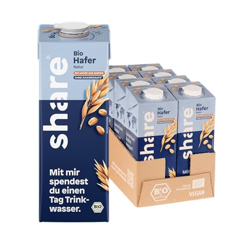 share Bio Haferdrink Natur – Vegan & laktosefrei – Pflanzendrink ohne Zuckerzusatz (8x1L) – Milchersatz auf Pflanzenbasis mit europäischem Bio-Hafer – Spendet 1 Tag Trinkwasser von share