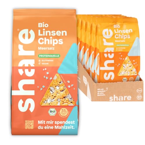 share Bio Linsenchips Meersalz – Vegane & glutenfreie Protein Chips mit 15% Protein pro Packung – Ballaststoffquelle (6x80g) – 35% weniger Fett als herkömmliche Linsen-Chips – Spendet eine Mahlzeit von share
