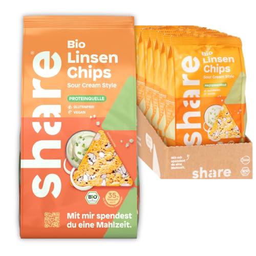 share Bio Linsenchips Sour Cream Style – Vegane & glutenfreie Protein Chips mit 18% Protein – Ballaststoffquelle (6x80g) – 35% weniger Fett als herkömmliche Linsen-Chips – Spendet 1 Mahlzeit von share