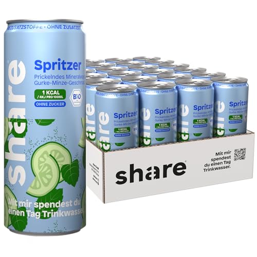 share Bio Spritzer Gurke Minze – 1 kcal pro 100 ml – Wasser mit Geschmack ohne Zucker (24 x 330ml) – Ohne Zusatzstoffe – Bio-Mineralwasser – Spendet 1 Tag Wasser von share