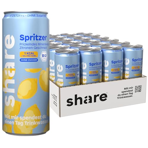 share Bio Spritzer Zitrone – 1 kcal pro 100 ml – Wasser mit Geschmack ohne Zucker (24 x 330ml) – Ohne Zusatzstoffe – Bio-Mineralwasser mit Zitrone – Spendet 1 Tag Wasser von share
