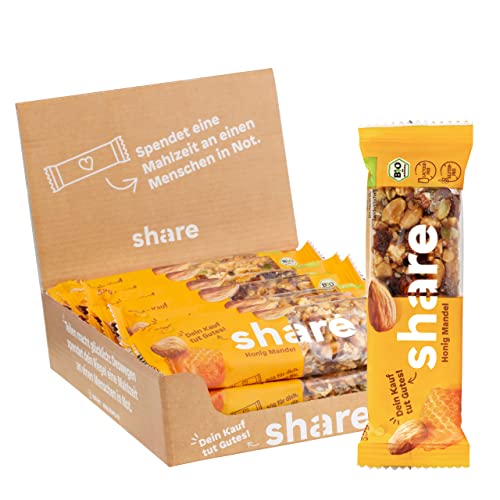 share Nussriegel Honig & Mandel 15 x 35 g – Riegel spenden je eine Mahlzeit an einen Menschen in Not – Mandel, Erdnuss & Honig – perfekte Snacks für zwischendurch – laktosefrei von share