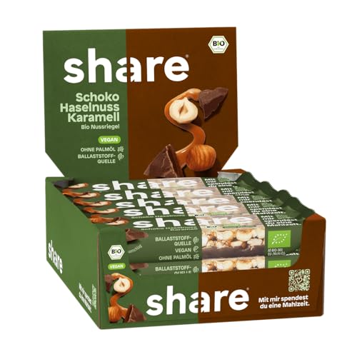 share Bio Nussriegel Schoko Haselnuss Karamell 15 x 35 g – vegan – ohne Palmöl – Bio Snackriegel – Haselnüsse, dunkle Schokolade & Karamell – Spendet Mahlzeiten von share