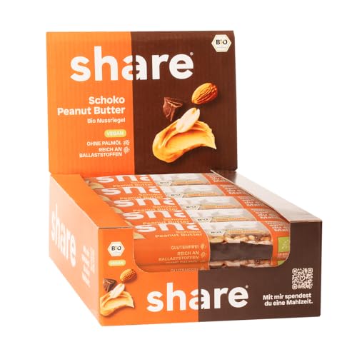 share Bio Nussriegel Schoko Peanut Butter 15x35 g – vegan & glutenfrei – ohne Palmöl – Bio Snackriegel – Erdnüsse, Mandeln & dunkle Schokolade – Spendet Mahlzeiten von share