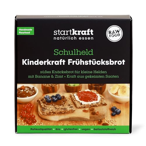 startkraft Kinderkraft Frühstücksbrot 140g, Knäckebrot mit gekeimten Saaten, Banane und Zimt, Rohkost Brot ohne Zuckerzusatz, süßes Rohkostbrot vegan und glutenfrei von startkraft