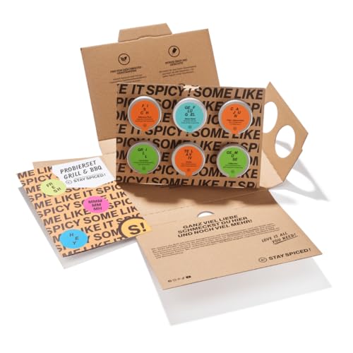 STAY SPICED ! Gewürze Probier- Set GRILL | Geschenkbox mit 6 Lieblingsgewürzen | Perfekt für Einsteiger aber auch Profis | Inklusive Rezeptheft mit Ideen zum Nachkochen | 6er Pack von stay spiced!