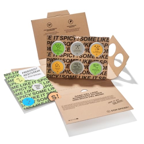 STAY SPICED ! Gewürze Probier- Set MEDITERRAN| Geschenkbox mit 6 Lieblingsgewürzen | Perfekt für Einsteiger aber auch Profis | Inklusive Rezeptheft mit Ideen zum Nachkochen | 6er Pack von stay spiced!