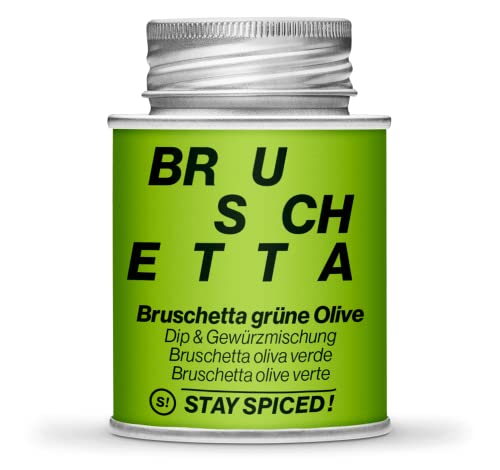 STAY SPICED ! I BRUSCHETTA GRÜNE OLIVE I GEWÜRZMISCHUNG UND PASTE I MIT 100% TOMATENFLOCKEN 170ML SCHRAUBDOSE AUS WEIßBLECH 100% RECYCLEBAR I FÜLLGEWICHT 70g von stay spiced!