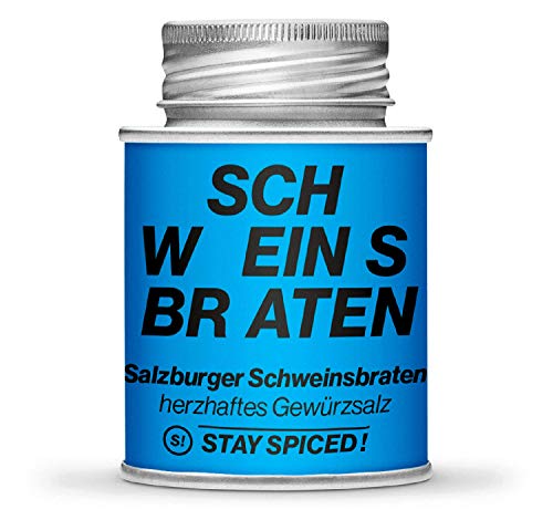 STAY SPICED ! Original Salzburger Schweinsbraten I Ideal zu allen Bratenstücken vom Schwein: Schopf, Schulter, Bauch I Füllgewicht 110g | 170ml Schraubdose aus Weißblech zu 100% recyclebar von stay spiced!