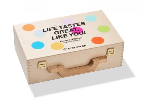 STAY SPICED! Tolle Geschenkbox "Colors of Spices" im schönen Holzkoffer mit 15 ausgewählten Gewürzen von stay spiced!