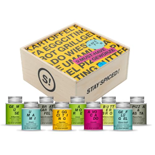 STAY SPICED ! Top 9 Gewürze Set in hochwertiger Holzbox I 9 Gewürzmischungen für Anfänger oder Profi I Gewürze Geschenkset für jeden Geschmack I inkl. unserer beliebten Gewürze: Umami, Amore & Avocado STAY SPICED ! Top 9 Gewürze Set in hochwertiger Holzbox I 9 Gewürzmischungen für Anfänger oder Profi I Gewürze Geschenkset für jeden Geschmack I inkl. unserer beliebten Gewürze: Umami, Amore & Avocado von stay spiced!