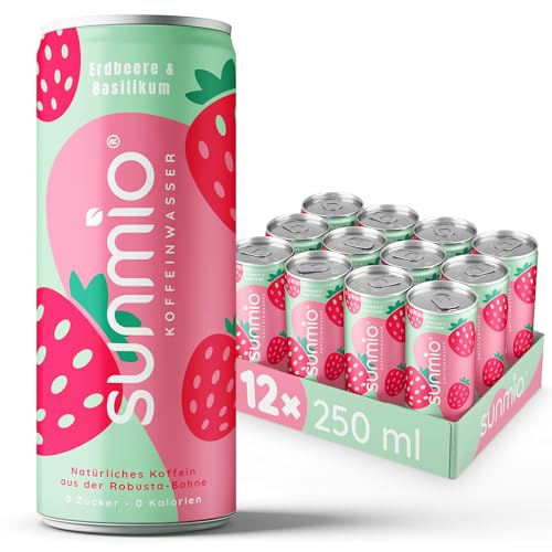 sunmio Koffeinwasser Erdbeere & Basilikum - 0 ZUCKER, 0 KALORIEN, VEGAN, NATÜRLICHES KOFFEIN - 12er Palette Dosen, EINWEG (12 x 250ml) von sunmio