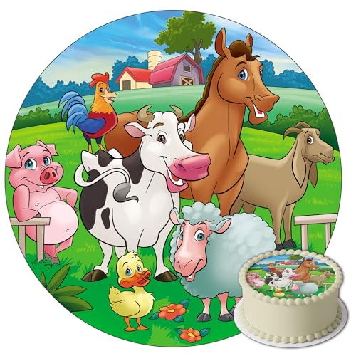 J&M DECO Tortenaufleger Geburtstag - Tortendeko Bauernhof Motiv - Geburtstagskuchen Deko aus Fondant - Rund 20 cm - Esspapier Tortendeko - Tortenaufleger Farm - Cake Decoration von J&M DECO