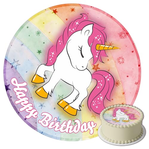 J&M DECO Tortenaufleger Geburtstag - Tortendeko Einhorn Mädchen - Geburtstagskuchen Deko aus Fondant - Rund 20 cm - Esspapier Tortendeko - Tortenaufleger Einhorn - Cake Decoration von J&M DECO