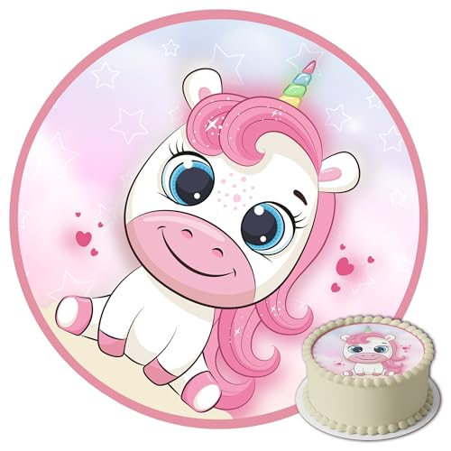 J&M DECO Tortenaufleger Einhorn – essbare Kuchendeko Ø 20 cm – Tortenbild für Mädchengeburtstag mit Regenbogen-Motiv – Tortendekoration aus Zuckerpapier – gebrauchsfertig von J&M DECO
