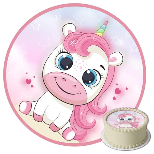 J&M DECO Tortenaufleger Geburtstag - Tortendeko Einhorn Mädchen - Geburtstagskuchen Deko aus Fondant - Rund 20 cm - Esspapier Tortendeko - Tortenaufleger Einhorn - Cake Decoration von J&M DECO