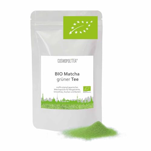 BIO Matcha Tee Pulver (100g) | Original fein gemahlener Grüner Tee aus Japan | Premium Grünteepulver ohne Zusätze & rein natürlich | laborgeprüft - cosmopoliTEA® von cosmopoliTEA