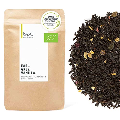 Earl Grey Vanilla, BIO Premium Schwarzer Tee, veredelt mit Bourbon-Vanille und Bergamotte-Öl, 100g loser Tee im Beutel - tea exclusive von tea exclusive