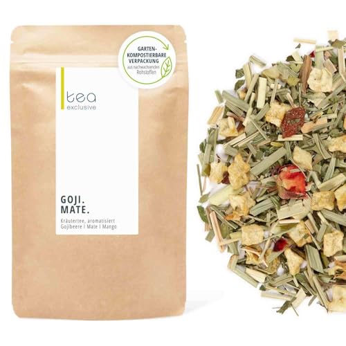 Goji Mate, Premium Kräutertee, Grüner Mate Tee Goji Pfefferminze Mango, anregender Koffeingehalt, 100g loser Tee im Beutel - tea exclusive Goji Mate, Premium Kräutertee, Grüner Mate Tee Goji Pfefferminze Mango, anregender Koffeingehalt, 100g loser Tee im Beutel - tea exclusive von tea exclusive
