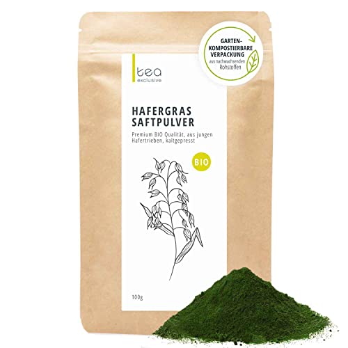BIO Hafergras Saft Pulver (100g) | Rohkost Qualität kaltgepresst ohne Zusätze | reines Grüner Hafer Gras Pulver | köstlich im Green Smoothie - tea exclusive von tea exclusive