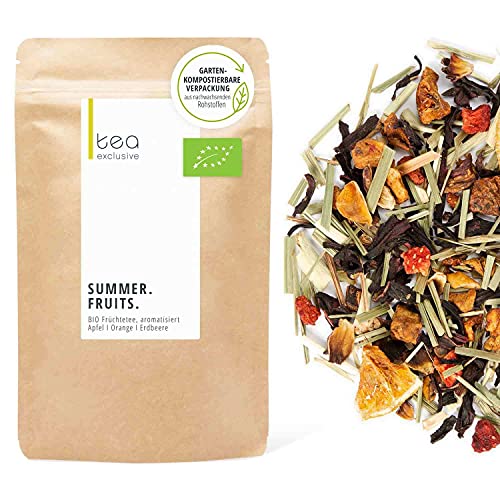 Summer Fruits, BIO Früchtetee, große Fruchtstücke, Erdbeere Orange Lemongras, perfekt als Eistee, 125g loser Tee im Beutel - tea exclusive von tea exclusive