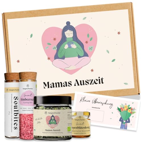 teegeschwister® Tee Geschenkbox - Mamas Auszeit – Muttertagsgeschenk mit Bio-Pralinen, Himbeersalz, Bio-Honig, Tee & Grußkarte – liebevolles Tee Geschenkset für Mama von teegeschwister