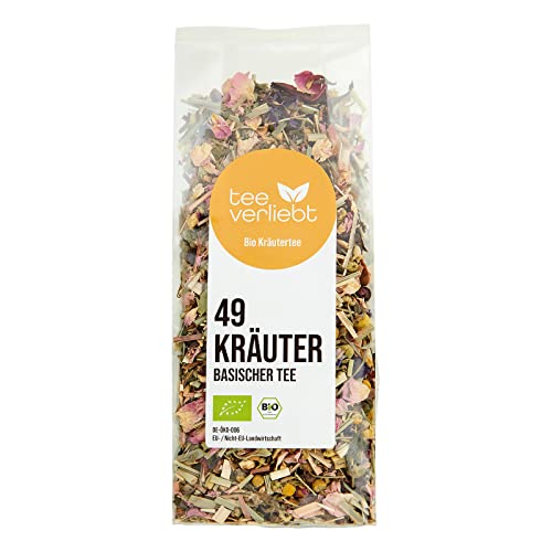 teeverliebt - Basischer Kräutertee Bio 90 g I loser Tee mit 49 erlesenen Bio-Kräutern I Basischer Wohlfühl-Tee mit Löwenzahn Alantwurzel Salbei Brennessel Zimt Apfel uvm. I Bio-Basen-Tee lose I 90g von teeverliebt
