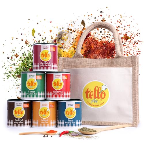 Tellofix Gewürzset – 6 Gewürzmischungen & Jute Beutel – Veganes Gewürze Set gefüllt mit Mediterran, Gemüse, Kartoffel, Fisch, Hackfleisch & Geflügel Gewürz Mix - Gewürzdosen ohne Zusatzstoffe & Palmöl Tellofix Gewürzset – 6 Gewürzmischungen & Jute Beutel – Veganes Gewürze Set gefüllt mit Mediterran, Gemüse, Kartoffel, Fisch, Hackfleisch & Geflügel Gewürz Mix - Gewürzdosen ohne Zusatzstoffe & Palmöl von tellofix