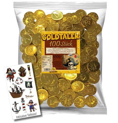 Tise Schoko-Goldtaler Euromünzen für Kindergeburtstag Schatzsuche Karneval Fasching Wurfmaterial, 100 Stück inkl. Tattoos von Tise Süsswaren