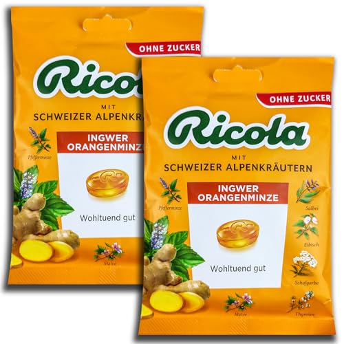 2 er Pack Ricola Ingwer Orangenminze ohne Zucker 2x 75g Schweizer Kräuterbonbons von topDeal